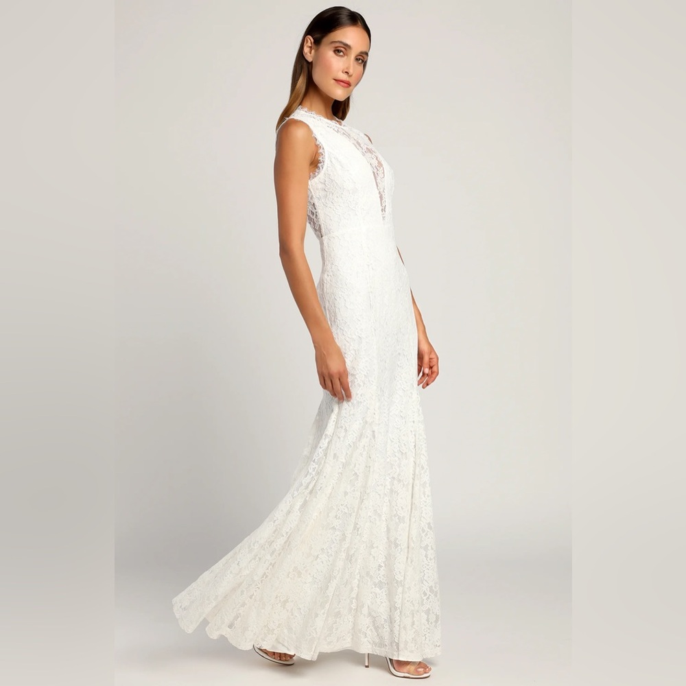 Lulus “New When I'm With You” White Lace Backless Mermaid Maxi Dress Gown Large